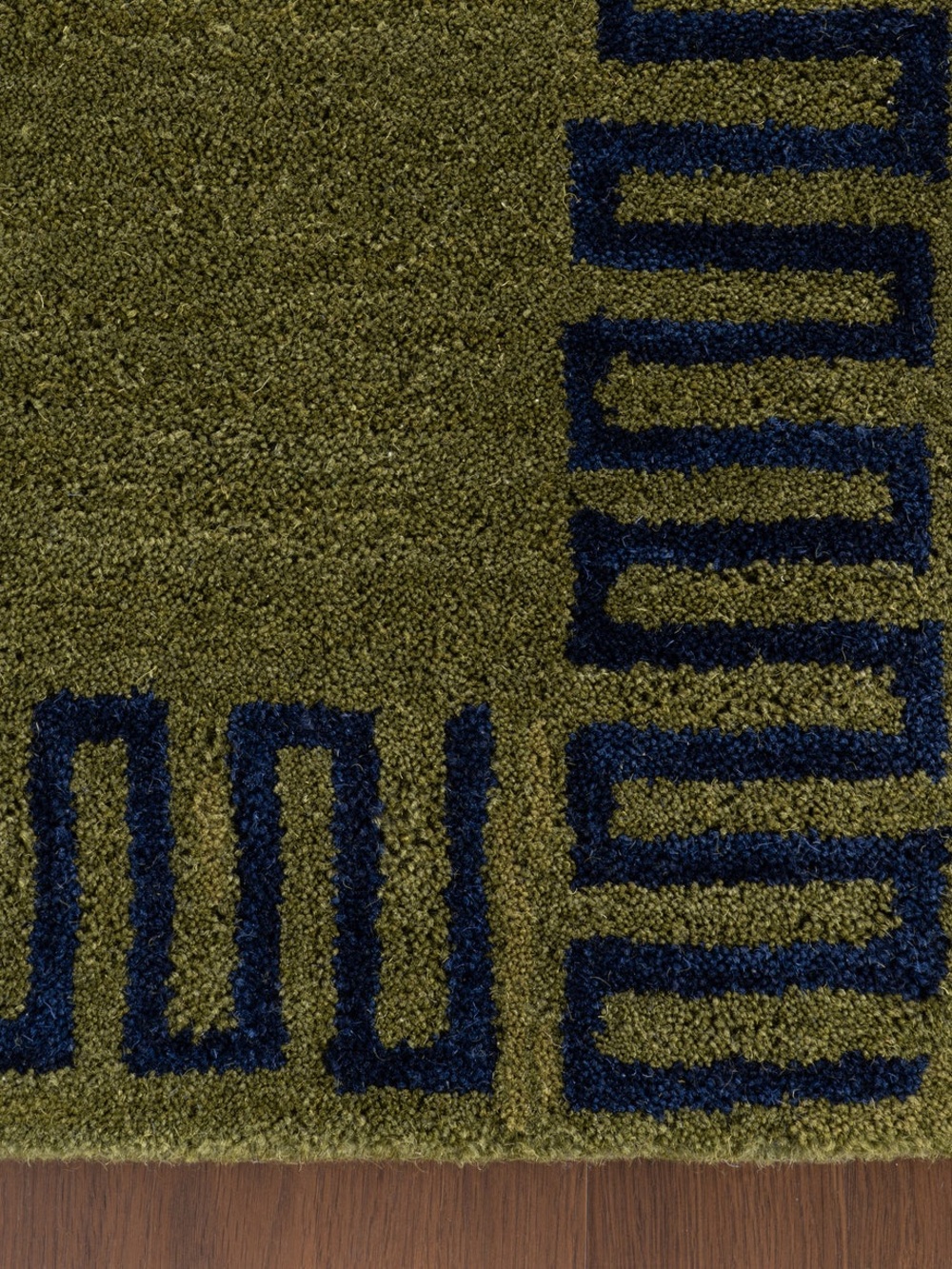 Plush Green Area Rug with Navy Geometric Accent